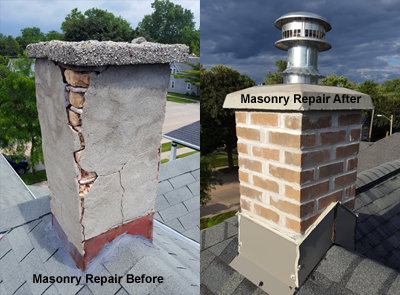 Before and after masonry repair work